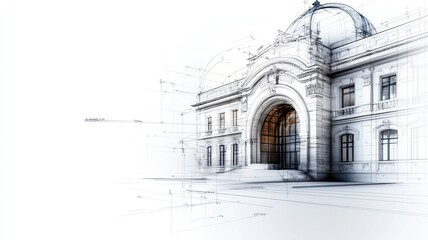 Architectural sketch of neoclassical building with detailed linework and perspective