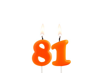 Orange birthday candle on white background - Number 81