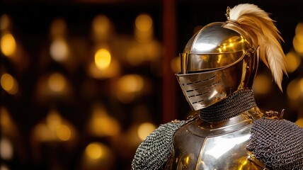 Naklejka premium Shiny silver medieval knight armor suit with plume helmet displayed in museum