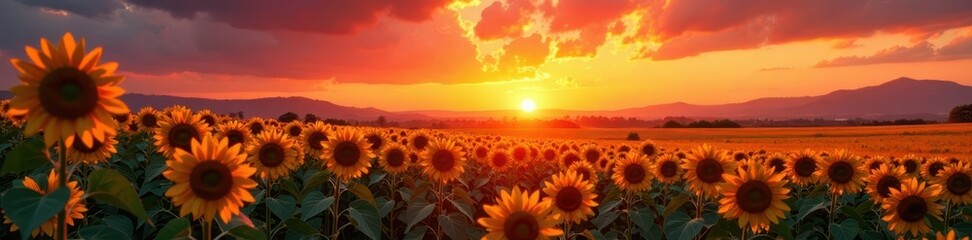 Fototapeta premium Sun sets ablaze, painting sunflowers in fiery hues Vast countryside view , farm, sun