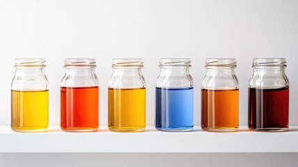 Six glass jars with colorful liquid lined up on white shelf
