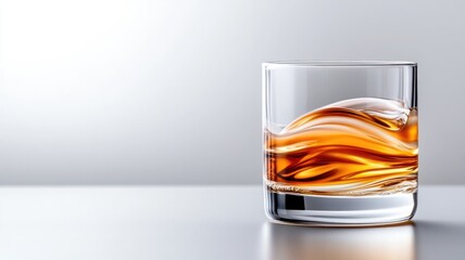 Glass of amber liquid on reflective surface