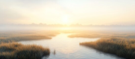 Fototapeta premium Serene landscape with a tranquil lake or river reflecting the warm glow of the setting or rising sun surrounded by lush reeds and grasses under a dramatic sky at dusk or dawn