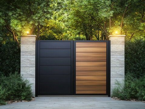 A Charming Wooden Fence with Sleek Black Metal Accents and a Gate, Elegantly Framed by Sturdy Stone Pillars for Enhanced Security and Aesthetic Appeal.