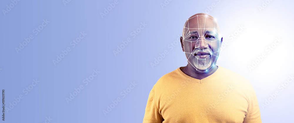 Poster a man stands confidently, showcasing advanced facial recognition technology. the digital overlay ill