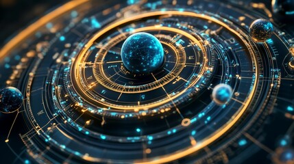 Glowing sphere within concentric, technological rings.