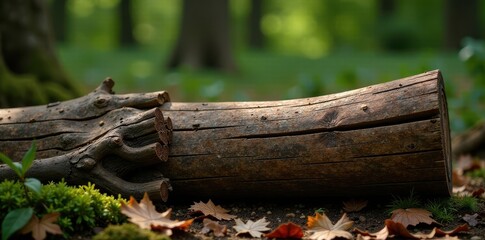 Fototapeta premium Weathered wooden log with rough bark and moss , nature, worn
