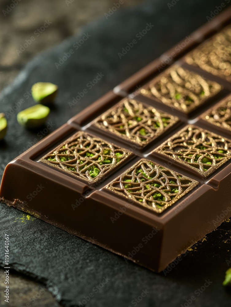 Poster Pistachio filled chocolate bar adorned with intricate arabesque patterns and golden highlights on a dark surface. Generative AI