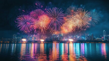 Fototapeta premium Spectacular Fireworks Display over City Skyline at Night
