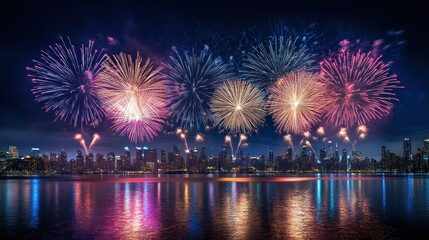 Spectacular Fireworks Display Over City Skyline at Night