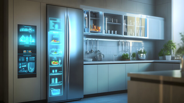 A Sophisticated Smart Fridge with Touchscreen Interface Showcasing an Array of Recipes for the Modern Culinary Enthusiast
