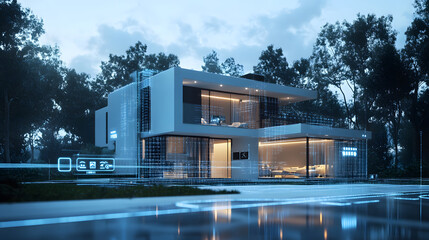Obraz premium Futuristic High-Tech Home with Advanced Security Systems and Facial Recognition Technology for Optimal Safety