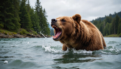 Angry bear splashing in water against a forest backdrop