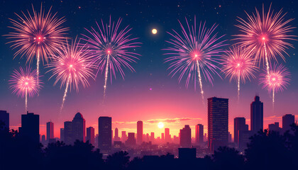 Fototapeta premium “Vector illustration of fireworks over the city during Mardi Gras