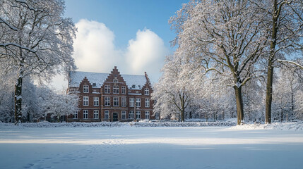 Snow-covered historic building surrounded by trees in winter landscape