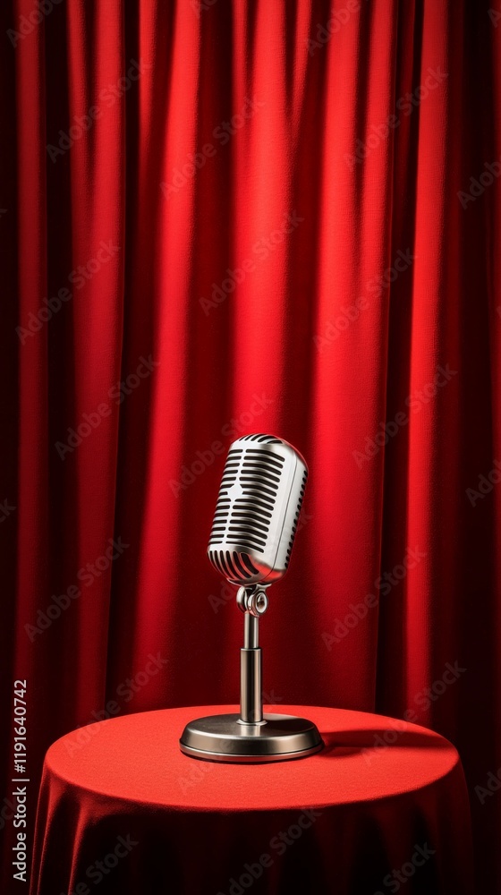 Poster vintage microphone stands on a small round table with a red tablecloth in front of a closed red curt