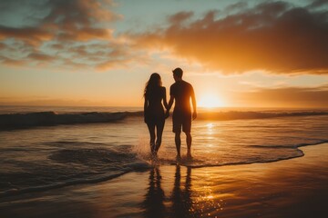 Fototapeta premium Couple walking hand in hand along the beach at sunset with vibrant colors in the sky