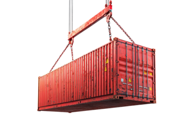 Red Shipping Container Lifted by Crane Mechanism Isolated on transparent background