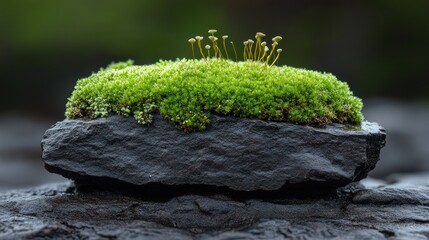Fototapeta premium Lush green moss thriving atop dark rock surface