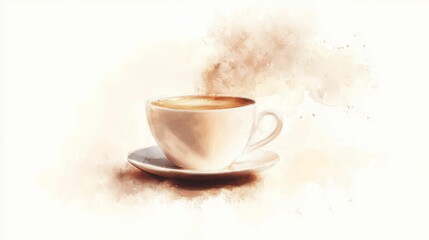 Steaming beverage in cup, saucer; painted style.