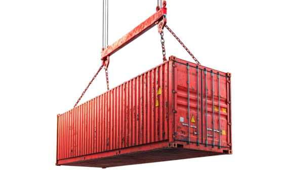 Red Shipping Container Lifted by Crane Mechanism Isolated on transparent background