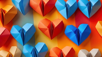 Colorful Origami Hearts on Striped Background: A Celebration of Love and Creativity