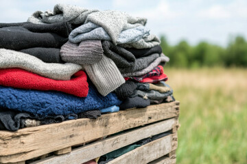 A pile of clothes is stacked on top of a wooden crate