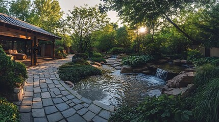 Serene Garden Path Beside Tranquil Water Feature