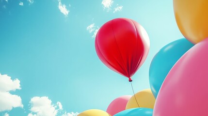 Colorful balloons ascend against a blue sky.
