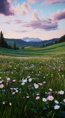 Obraz premium Wildflower-filled meadow under a pastel sunset, softly rolling hills on the horizon