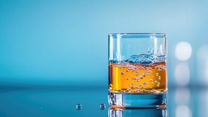 Glass tumbler with orange liquid and bubbles, against blue background