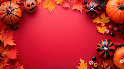 Fototapeta premium Autumnal Halloween Background: Festive Pumpkins, Candy, and Fall Leaves