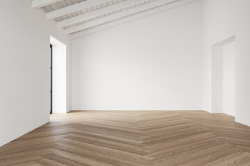Obraz premium Minimalist empty room with white walls, wooden herringbone flooring, and exposed wooden ceiling beams, illuminated by natural light. 3D rendering