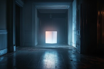 Glowing cube in dark, decaying hallway.