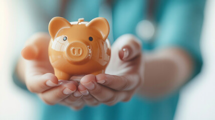 Female doctor holding piggy bank representing financial support and donations to healthcare with blurred bright light tone and caption space symbolizing charity for medical facilities and well-being