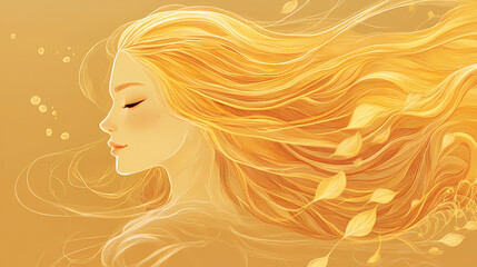 Serene woman with golden flowing hair. Goldenleaf. Illustration