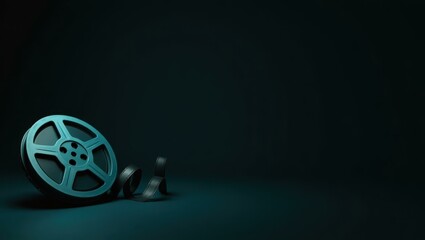 Deep turquoise film reel on right. Vintage film reel black background