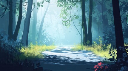 Obraz premium Serene Forest Stream Tranquil Mist Morning Path