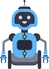 Modern blue robot with wheels, grippers and antenna is smiling happily, representing artificial intelligence, automation, and technological advancement