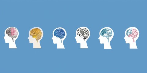 row of white silhouettes with vibrant scribbled multicolored brains aligned on pastel blue copyspace concept of mental health therapy psychology