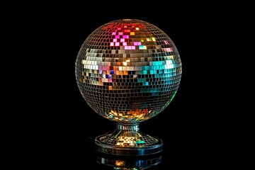 Fototapeta premium Egg-shaped disco ball on stand, reflecting light.