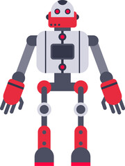 Red and grey robot standing with arms outstretched, showcasing its humanoid design and advanced technology, ready for automation and artificial intelligence tasks