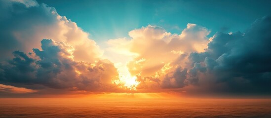 Obraz premium Majestic awe inspiring sunrise over a serene tranquil horizon Glowing sun bursts through a dramatic moody cloudy sky casting a warm radiant glow across the picturesque landscape