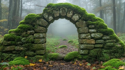 Mossy Stone Archway Leads to Misty Forest Path