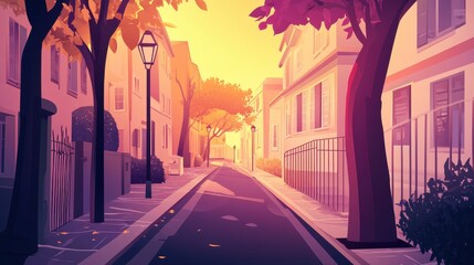 Fototapeta premium Sunlit Autumn Street Scene European Village Setting