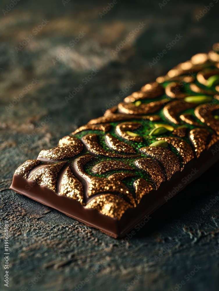 Poster Exquisite chocolate bar filled with pistachio and adorned with intricate golden arabesque patterns. Generative AI