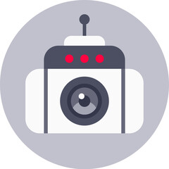 Security camera featuring an antenna and red lights, recording and monitoring from its lens against a gray circular background, represents advanced surveillance technology for safety and protection