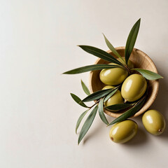 Concept photo of olives, branch with olives, olive leaves, olive oil with space for text