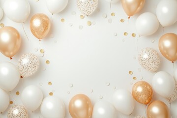 Moldura de bal&otilde;es dourados, brancos e transparentes com detalhes brilhantes, fundo claro e elegante, design decorativo criado com IA generativa