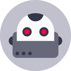 Stylized robot head with glowing red eyes and gray body symbolizing artificial intelligence and advanced technology, set against a gray circular background